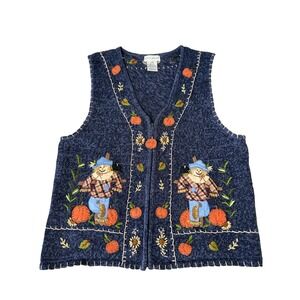 Vtg White Stag‎ Knit Vest Sz XL Blue Pumpkins Scarecrow Autumn Embroidered